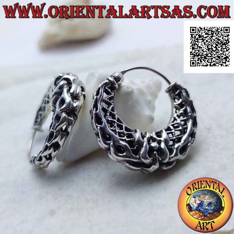 Silver earrings, half-moon circles with thick and special perforated interweaving