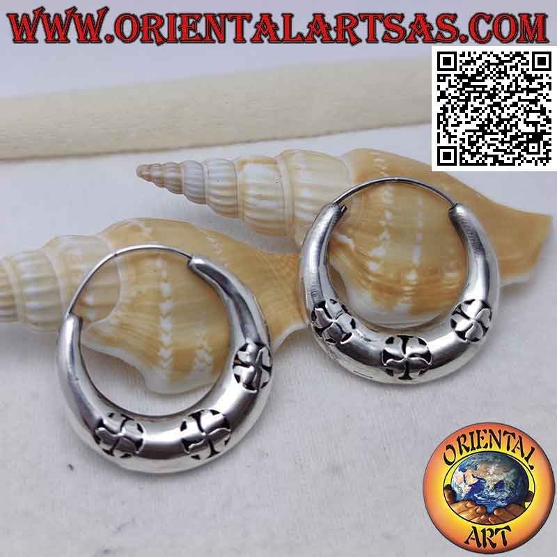 Silver earrings, smooth crescent circles with trio of perforated flowers