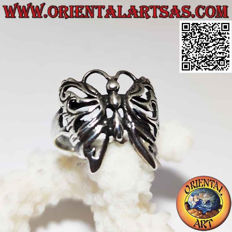 Anillo de plata en forma de mariposa convexa lisa con alas perforadas