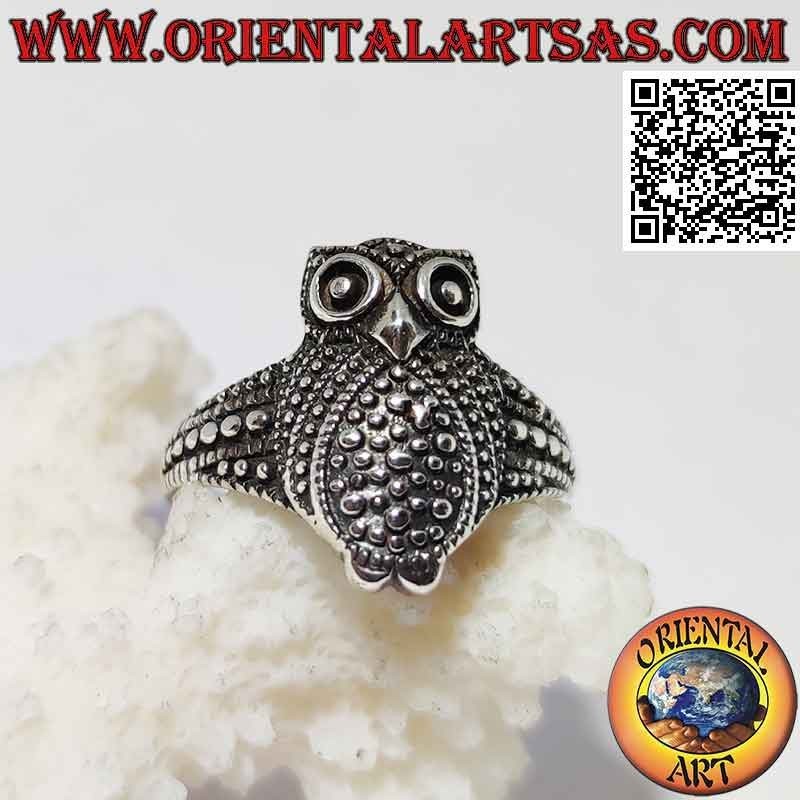 Anillo de plata en forma de búho entero sin alas punteadas