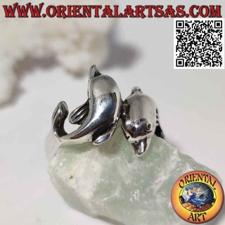 Bague en argent, paire de dauphins enveloppants opposés (disposés en angle)