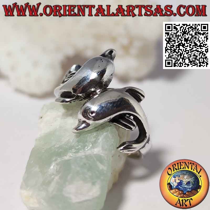 Silver ring, pair of opposing wrapping dolphins (arranged at an angle)