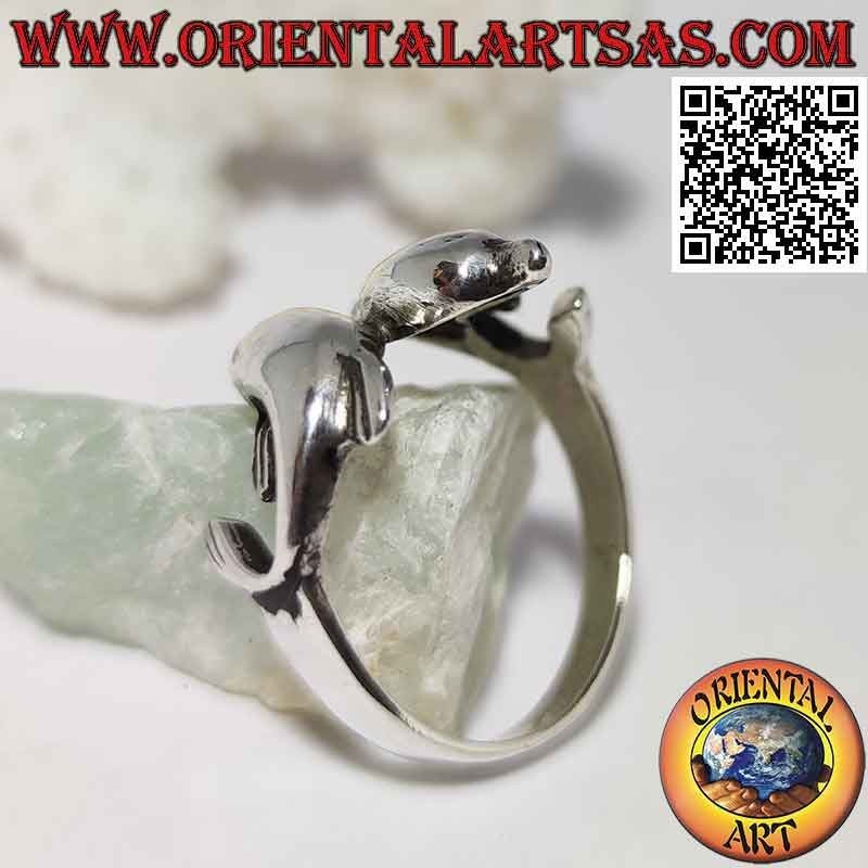 Silver ring, pair of opposing wrapping dolphins (arranged at an angle)