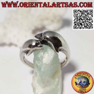 Silver ring, pair of opposing wrapping dolphins (arranged in parallel)