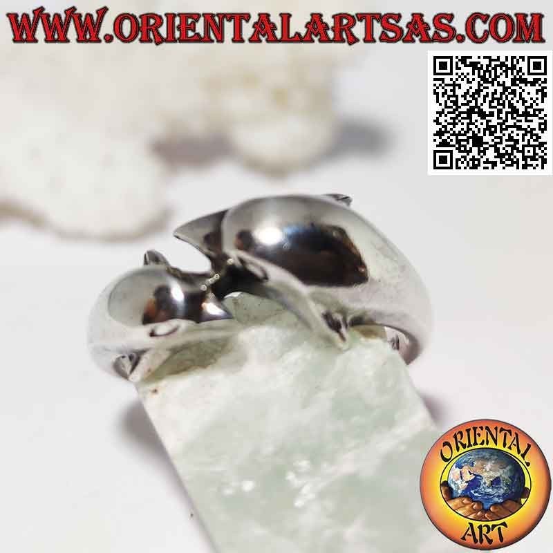 Anillo de plata, pareja de delfines envolventes opuestos (dispuestos en paralelo)
