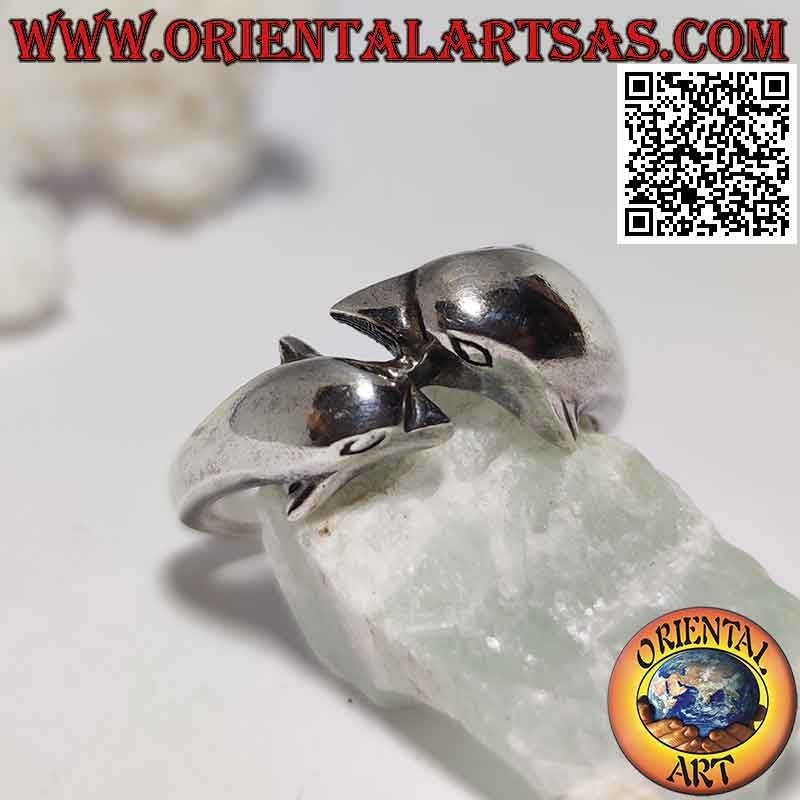 Bague en argent, paire de dauphins enveloppants opposés (disposés en parallèle)
