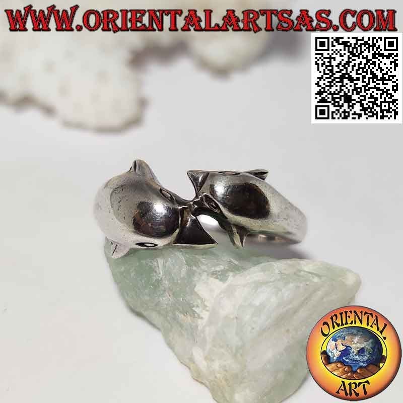 Bague en argent, paire de dauphins enveloppants opposés (disposés en parallèle)
