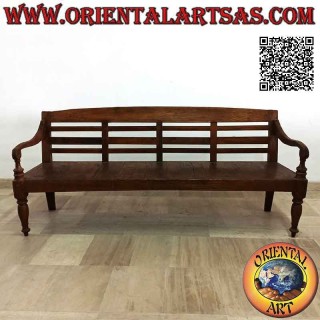 Simple four-seater bench with slatted back in antique teak wood