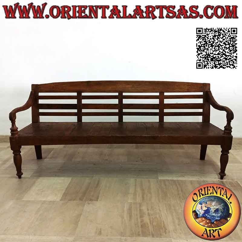 Simple four-seater bench with slatted back in antique teak wood