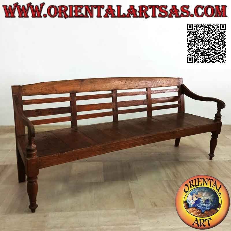Simple four-seater bench with slatted back in antique teak wood