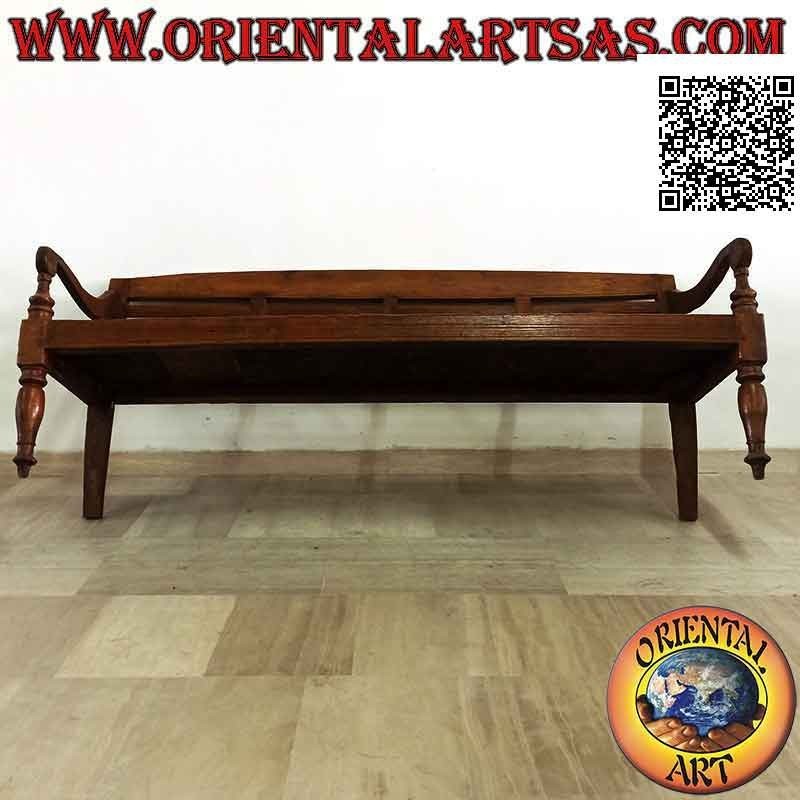 Panca semplice a quattro posti con schienale a doghe in legno antico di teak