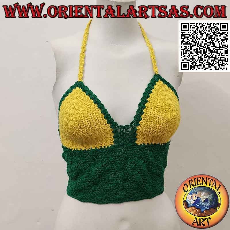 Top all'uncinetto verde e giallo con fascia in cotone fatto a mano (freesize)