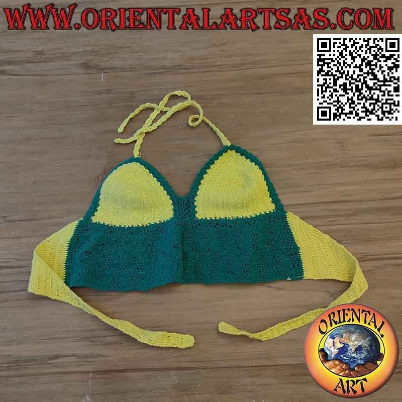 Top all'uncinetto verde e giallo con fascia in cotone fatto a mano (freesize)
