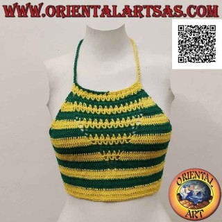 Top de crochet acampanado con rayas verdes y amarillas en algodón hecho a mano (talla libre)
