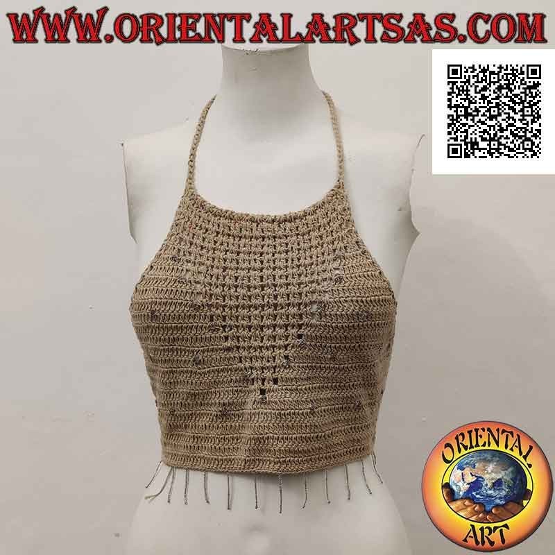 Top de crochet línea a beige con abalorios multicolores en algodón hecho a mano (tamaño libre)