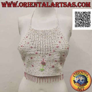 Top A-line au crochet blanc avec perles roses et fleurs, en coton fait main (taille libre)