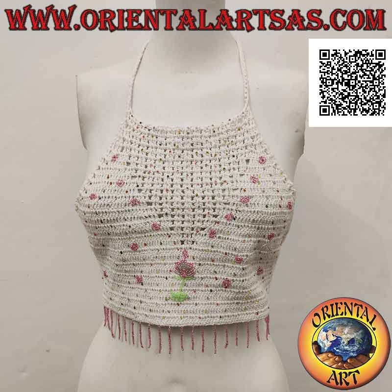 White A-line crochet top with pink and flower beads, in handmade cotton (free size)
