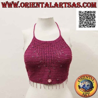 Top all'uncinetto a trapezio magenta con perline e specchietti, in cotone fatto a mano (free size)