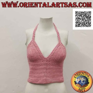 Top all'uncinetto rosa vivo con fascia alta e chiusura intrecciata, in cotone fatto a mano (freesize)