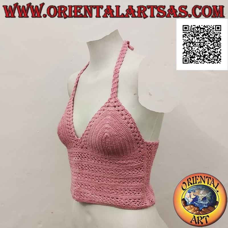 Top all'uncinetto rosa vivo con fascia alta e chiusura intrecciata, in cotone fatto a mano (freesize)