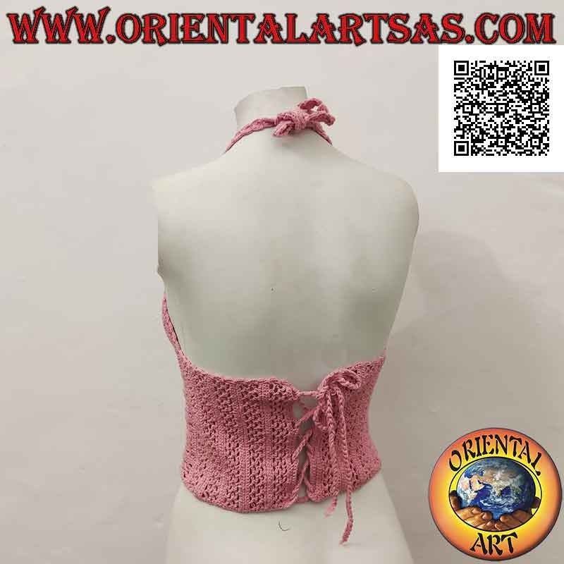 Bright pink crochet top with high band and braided closure, in handmade cotton (freesize)