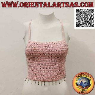 Rosa A-Linie Häkeloberteil mit Perlen und geflochtenem Verschluss aus handgefertigter Baumwolle (Freesize)