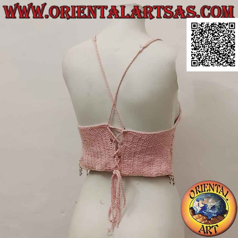 Top rosa evasé de crochet con abalorios y cierre trenzado, en algodón hecho a mano (talla libre)
