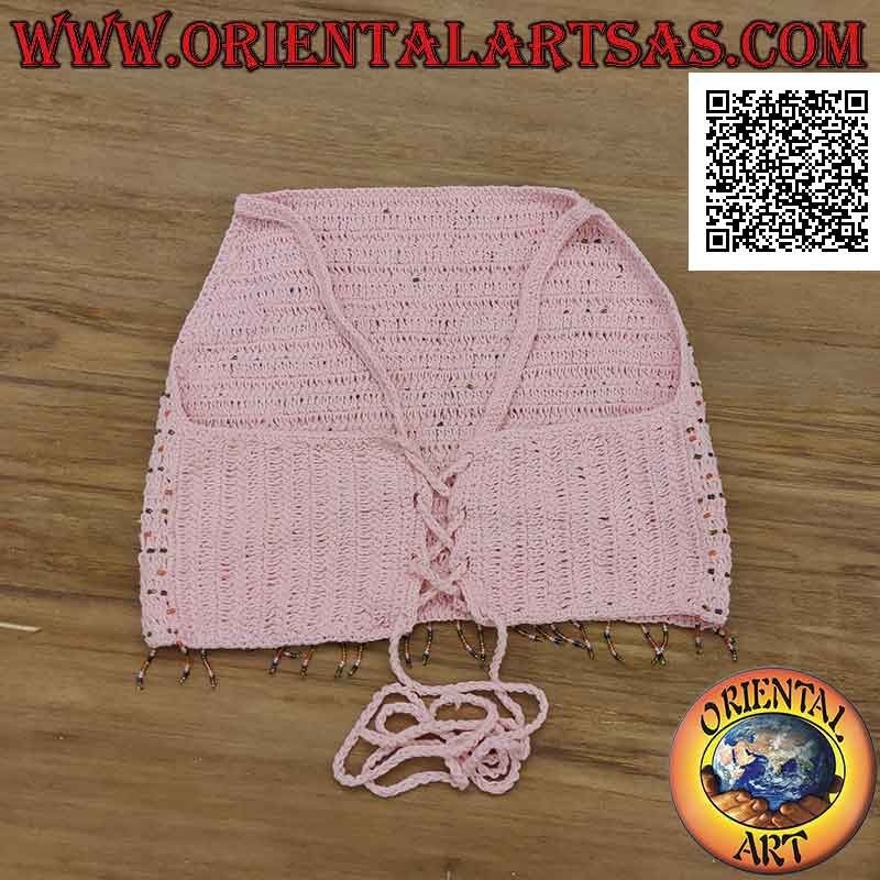 Rosa A-Linie Häkeloberteil mit Perlen und geflochtenem Verschluss aus handgefertigter Baumwolle (Freesize)