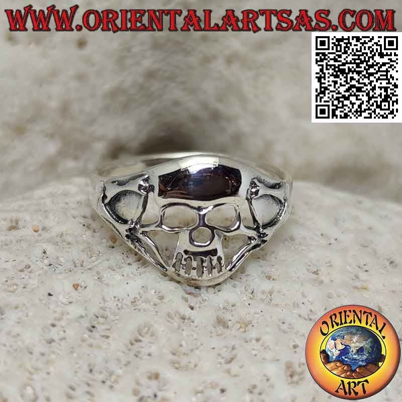 Silver ring with perforated skull and pair of bones welded on the sides