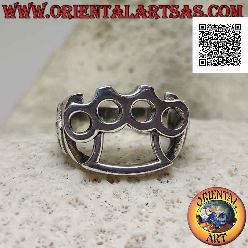Silver ring with perforated brass knuckles (cazzottiera) and pirate skull in bas-relief on the sides