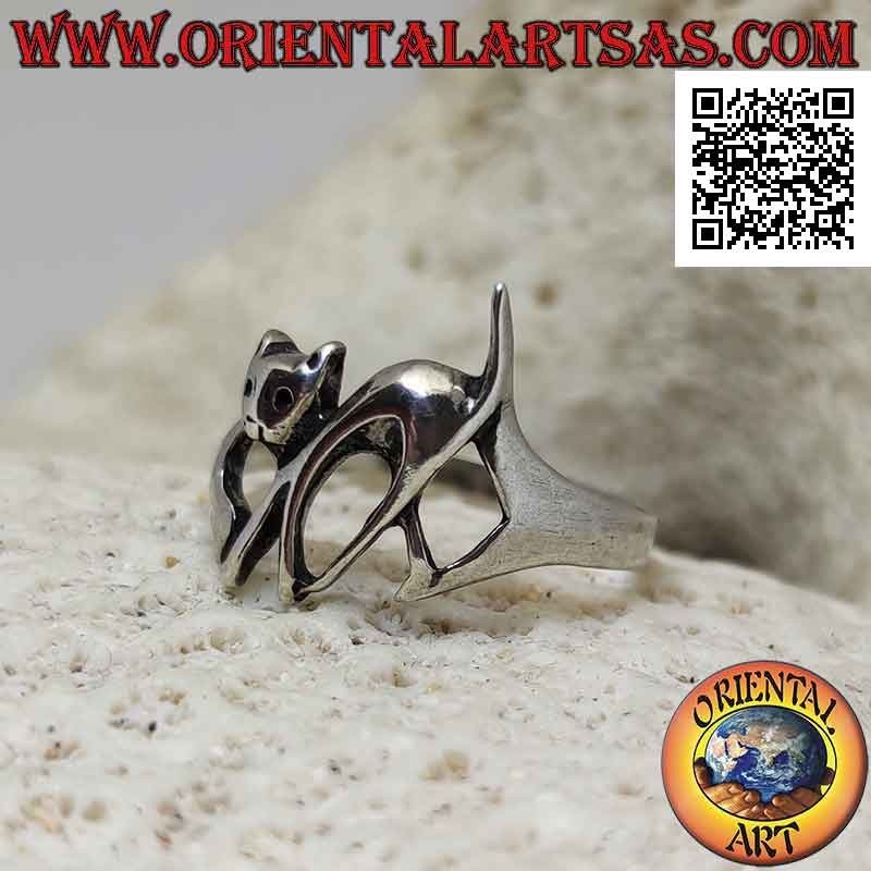 Anello in argento liscio a forma di gatto in camminata