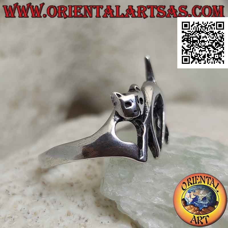 Anello in argento liscio a forma di gatto in camminata