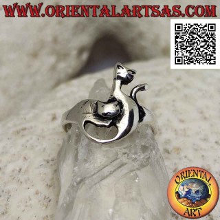 Bague en argent lisse, paire de chats en jeu