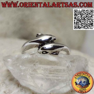 Bague en argent lisse, paire de dauphins enveloppants opposés (fin)