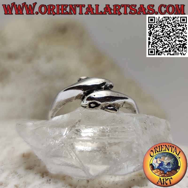 Anillo plateado liso, par de delfines envolventes opuestos (delgado)