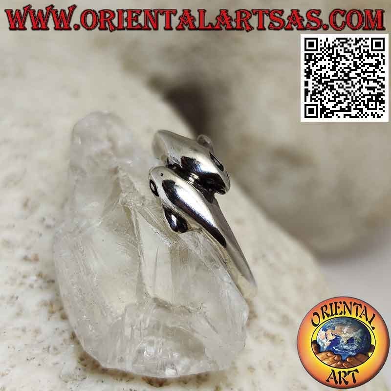 Anillo plateado liso, par de delfines envolventes opuestos (delgado)