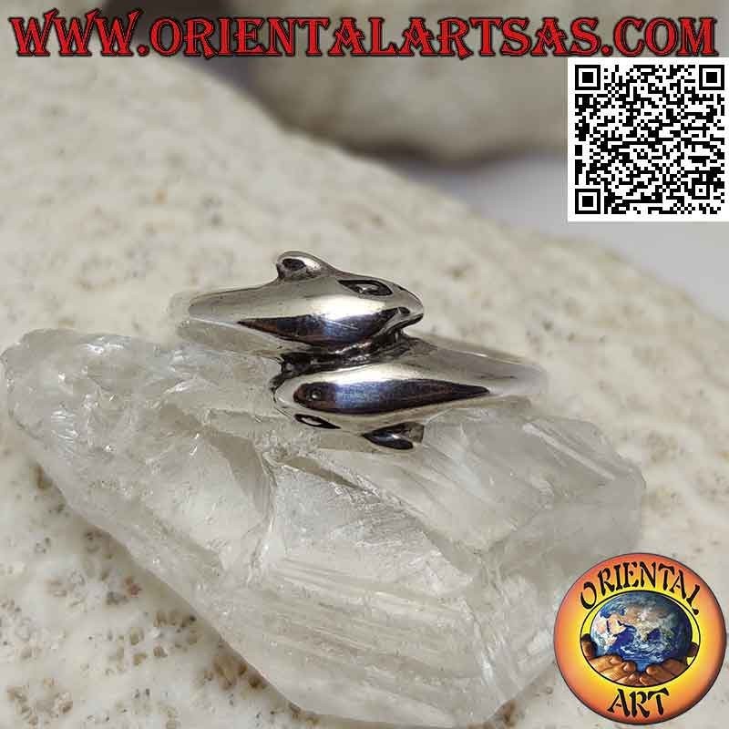 Smooth silver ring, pair of opposing wraparound dolphins (thin)