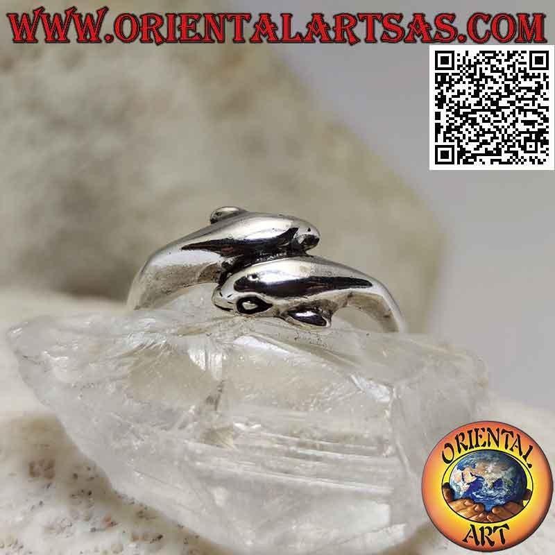 Bague en argent lisse, paire de dauphins enveloppants opposés (fin)
