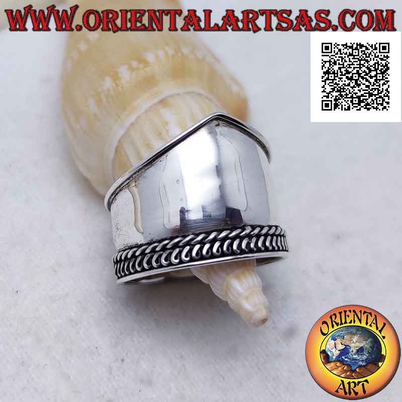 Wide band silver ring with a point and intertwining on one side, Bali
