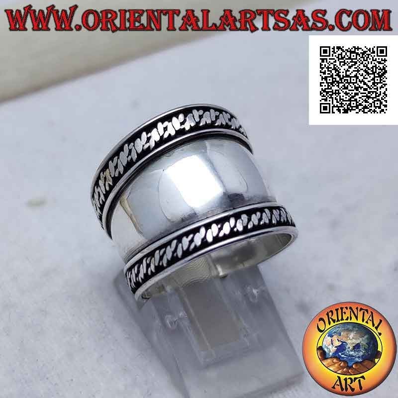 Bague large bande en argent avec tresse lisse des deux côtés, Bali