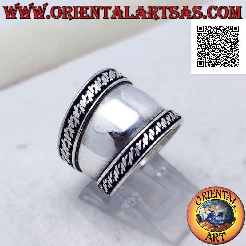 Bague large bande en argent avec tresse lisse des deux côtés, Bali