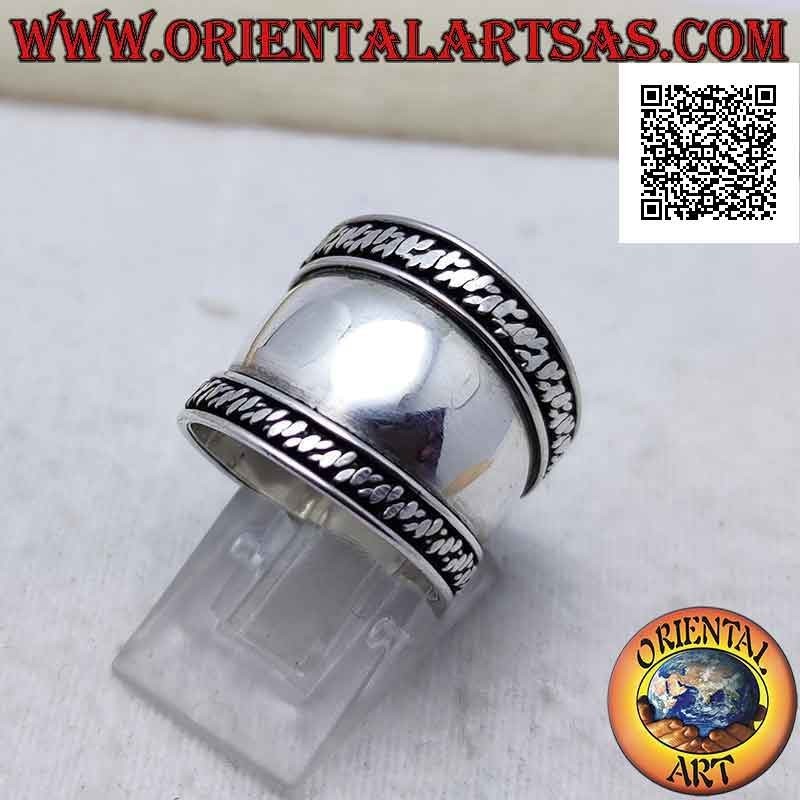 Bague large bande en argent avec tresse lisse des deux côtés, Bali