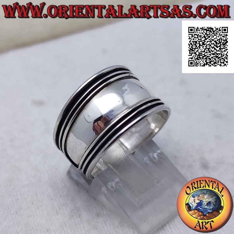 Bague large bande en argent avec lignes horizontales en relief, Bali