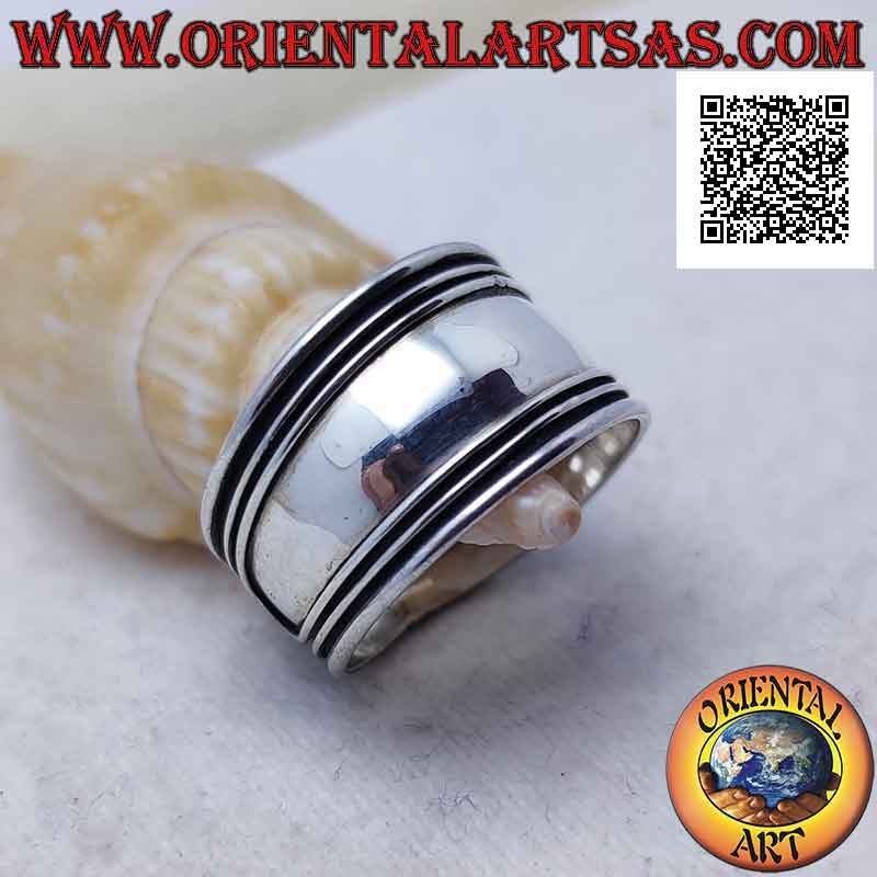 Bague large bande en argent avec lignes horizontales en relief, Bali