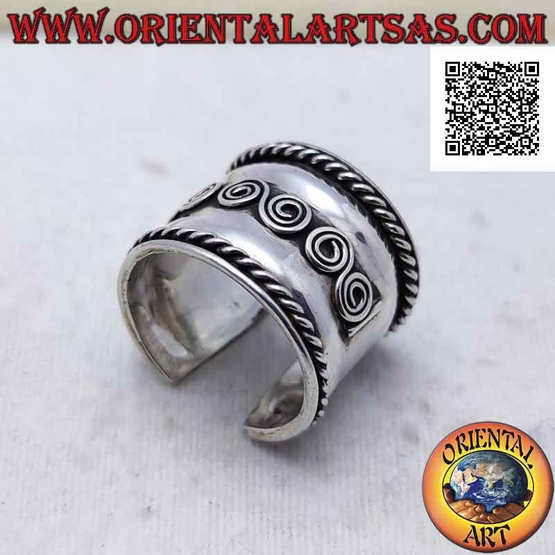 Wide band silver ring with central spirals and interlacing on the sides, Bali (freesize)