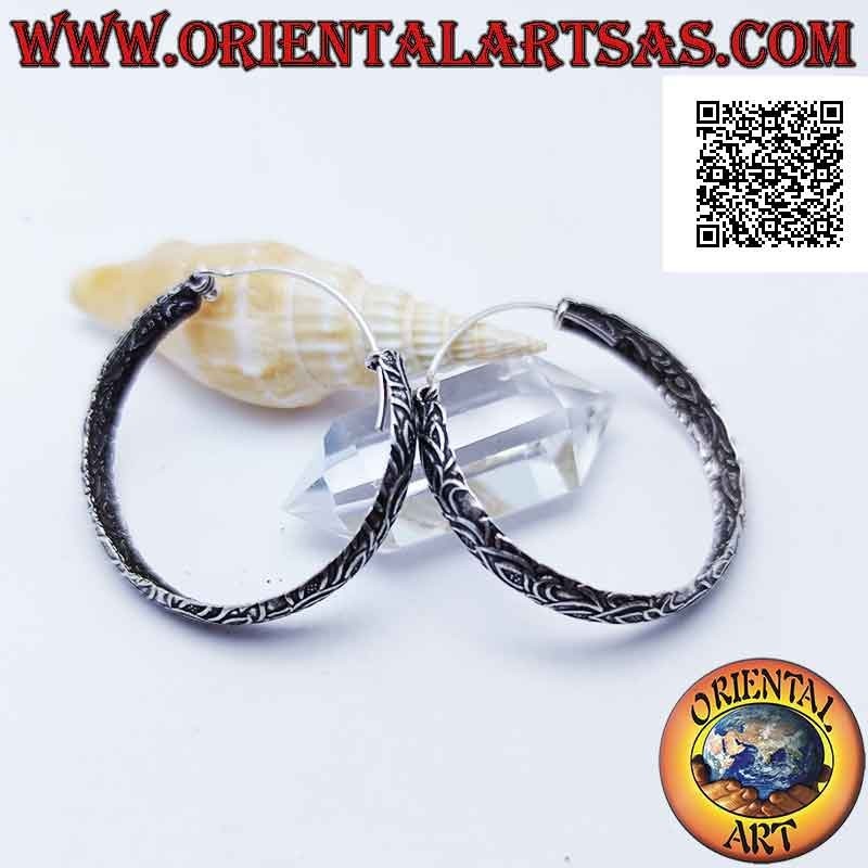 Silver earrings with large convex circle with oxidized floral decoration 40 mm