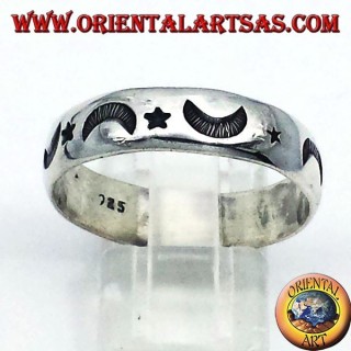 Bague en argent, étoile et la lune sculptée