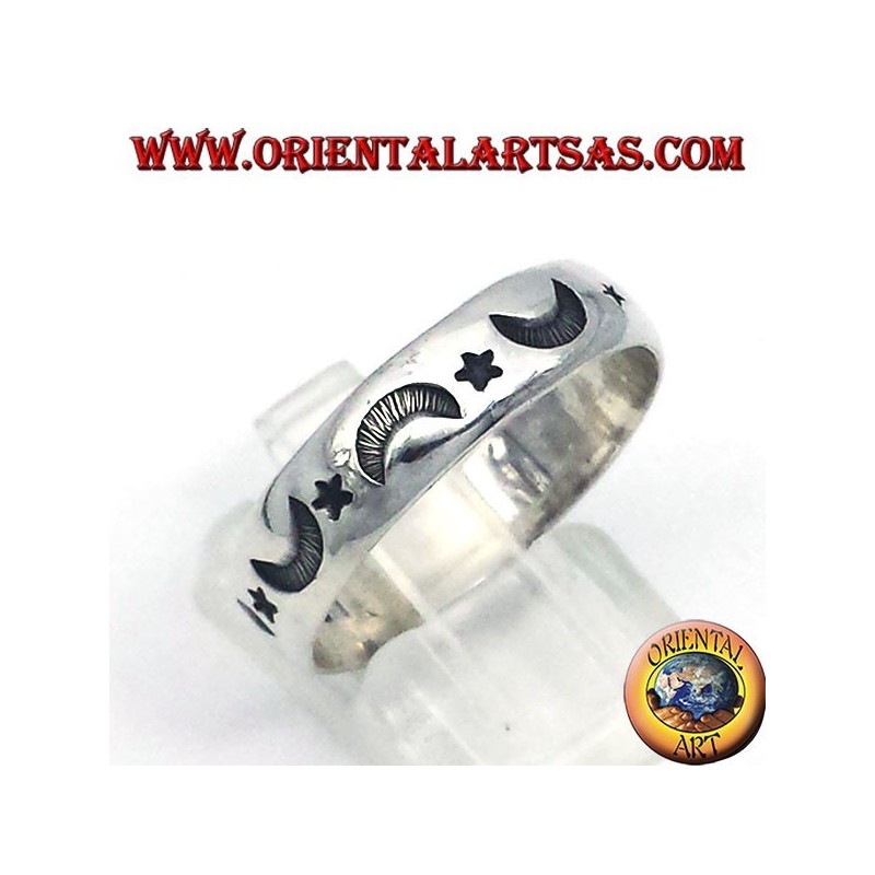 anillo de plata, estrella tallada y la luna