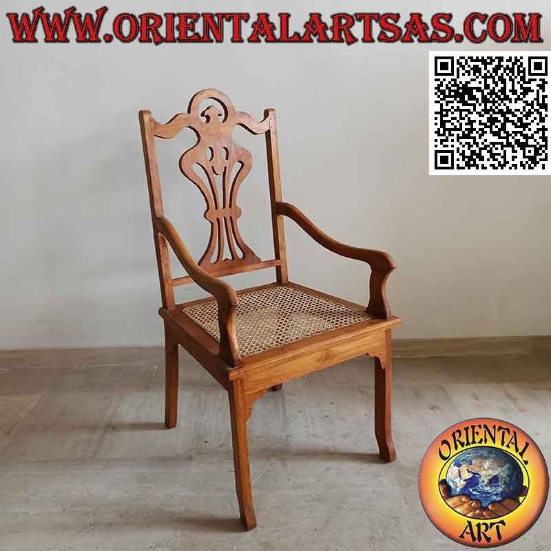 Poltrona in stile "Vittoriano" in legno di teak e seduta in paglia di Vienna