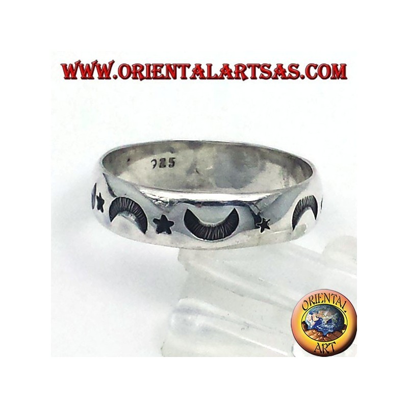 Bague en argent, étoile et la lune sculptée